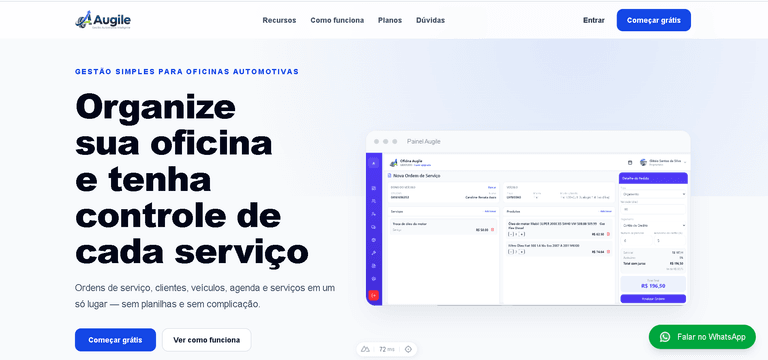 Interface ilustrativa da plataforma Augile para oficinas