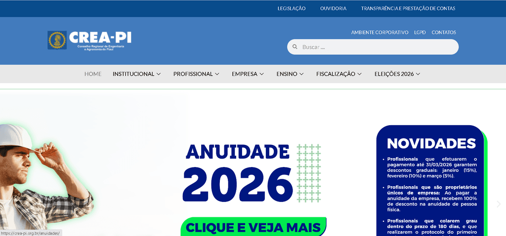 Representação do portal institucional do CREA-PI